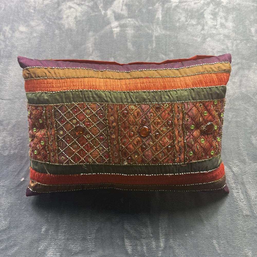 Pier 1 Imports Beaded Jeweled Throw Pillow 18x12.5 Boho Orange Green Purple